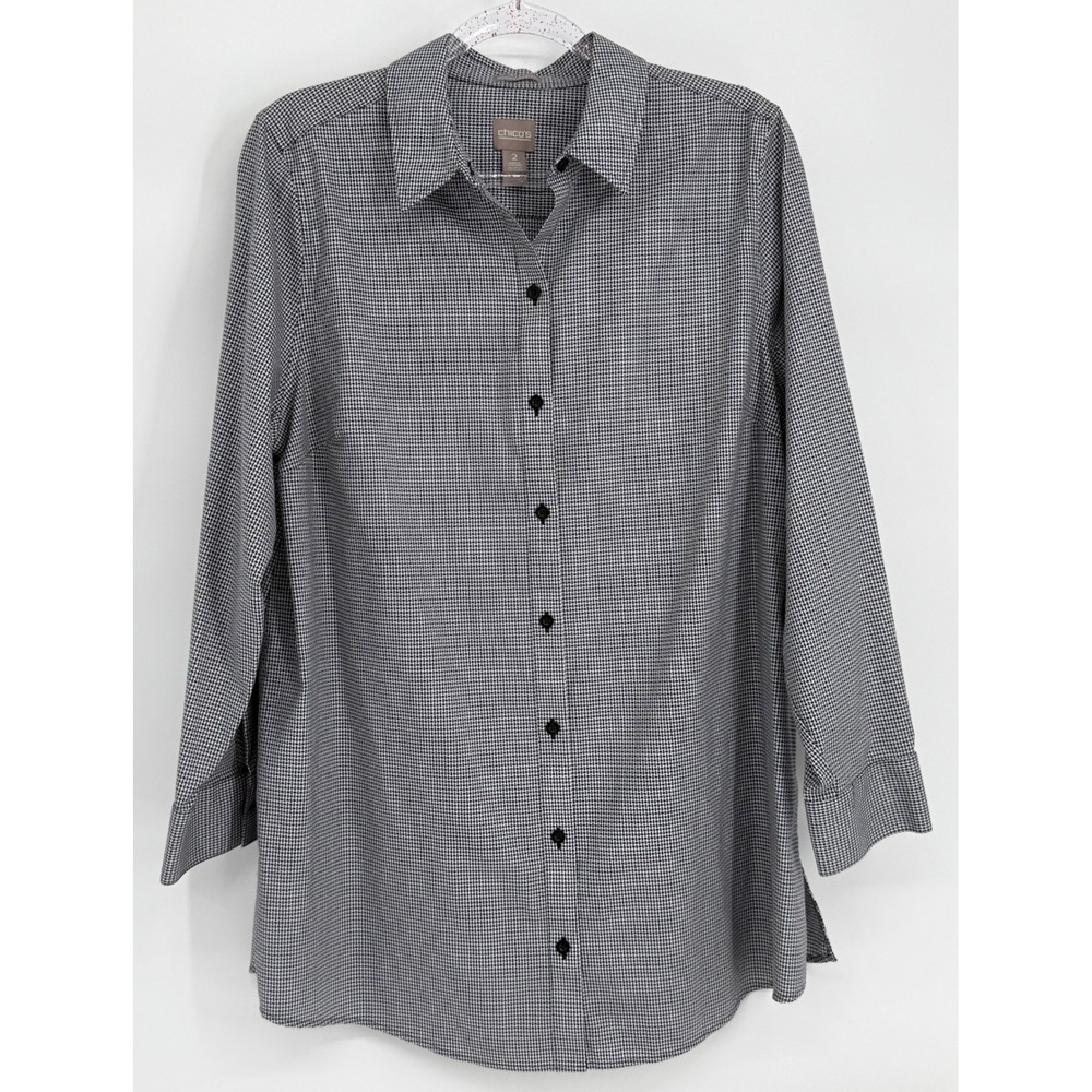Chicos Black White Micro Houndstooth Button Down Shirt Tunic Womens Size 2 Large